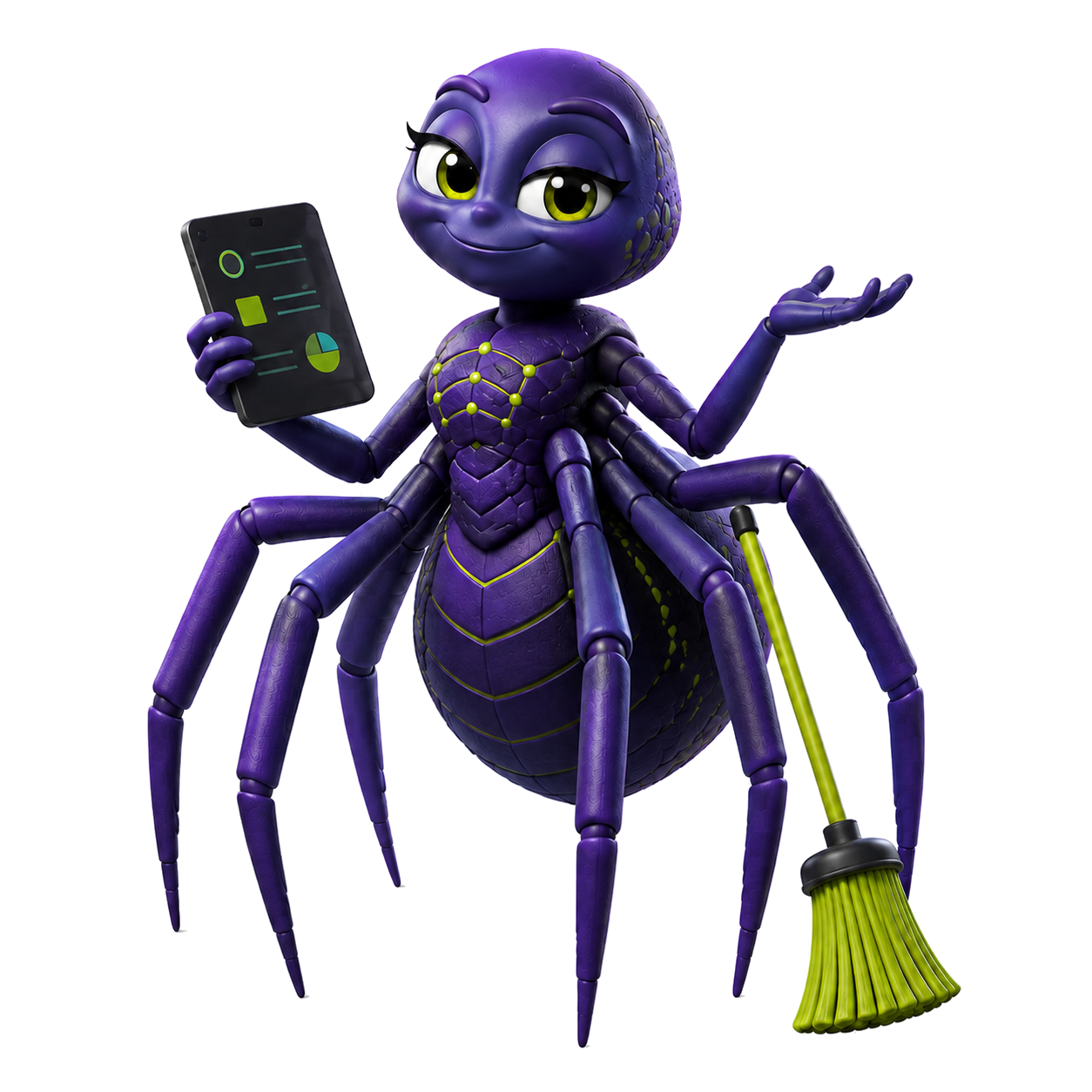 Maskot Úklidu sítí – pavouk s tabletem a smetákem